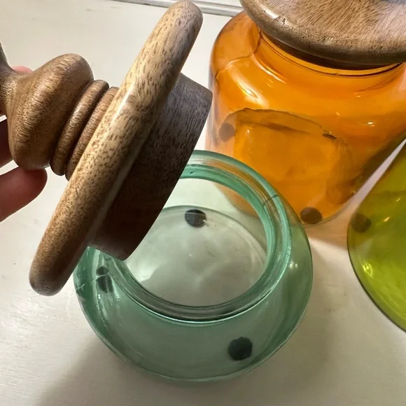 Set of Three Colorful Glass Jars with Wooden Lids - Picture 4 of 16
